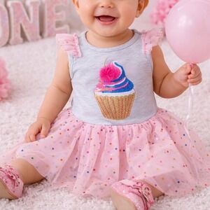Rare Editions 12M Cupcake First Birthday Dress Sequin Confetti Tulle Tutu